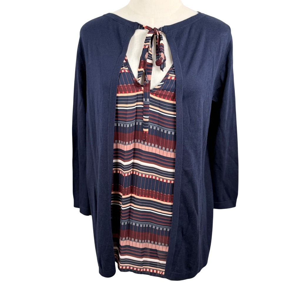 Loft Outlet Women S Mixed Media Top Navy Striped Tie Neck Layered Look Cardigan